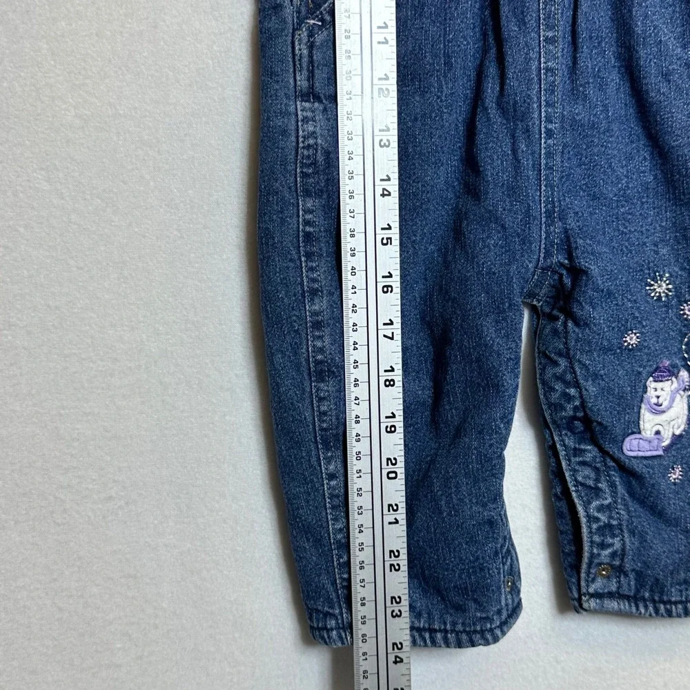 OshKosh Denim Overalls Girls 6-9M Blue Fleece Lined Polar Bear Winter Dungarees